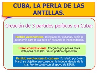 CUBA, LA PERLA DE LAS
   CUBA, LA PERLA DE LAS
          ANTILLAS.
         ANTILLAS.

Creación de 3 partidos políticos en Cuba:

     Partido Autonomista. Integrado por cubanos, pedía la
    autonomía para la isla pero sin reclamar la independencia.


       Unión constitucional. Integrado por peninsulares
        instalados en la isla. Era un partido españolista.

    Partido revolucionario cubano. Fundado por José
    Martí, su objetivo era conseguir la independencia de la
           isla. Pronto contó con el apoyo de EEUU.
 