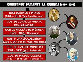 GOBIERNOS DURANTE LA guerra (1879 -1883)

     GOB. MARIANO I. PRADO
  (1876 – 1879) “Gob. Constitucional”

    GOB. DEL GRAL LA PUERTA
         (19 al 22/12/1879)

  GOB DE NICOLÁS DE PIÉROLA
    (1879 – 1881) “Dictadura”

     GOB. F. GARCÍA CALDERÓN
(22/05 AL 06/11/1881) “Gob. Magdalena”

    GOB. DE LIZARDO MONTERO
    (1881 – 1882) ”Gob. Resistencia”

     GOB. DE MIGUEL IGLESIAS
   (1883 – 1885) “Gob. Regenerador”
 