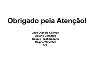 Obrigado pela Atenção!
      João Olímpio Caliman
        Juliano Bernardo
      Kaíque Pícoli Dadalto
        Regina Westphal
               3º L
 