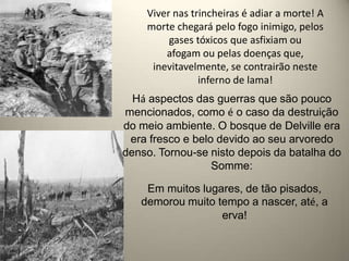 Viver nas trincheiras é adiar a morte! A
    morte chegará pelo fogo inimigo, pelos
         gases tóxicos que asfixiam ou
        afogam ou pelas doenças que,
     inevitavelmente, se contrairão neste
                inferno de lama!
  Há aspectos das guerras que são pouco
mencionados, como é o caso da destruição
do meio ambiente. O bosque de Delville era
 era fresco e belo devido ao seu arvoredo
denso. Tornou-se nisto depois da batalha do
                  Somme:

    Em muitos lugares, de tão pisados,
   demorou muito tempo a nascer, até, a
                  erva!
 