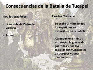 Consecuencias de la Batalla de Tucapel
Para los españoles:
- La muerte de Pedro de
Valdivia
- Saqueo
Para los Mapuche:
- Se acaba el mito de que
los españoles son
invencibles en la batalla.
- Aprenden una nuevas
estrategia: la guerra de
guerrillas y que los
caballos son vulnerables
en bosques y zonas
pantanosas
 