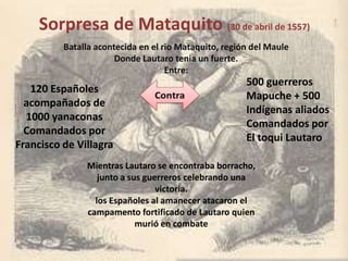 Sorpresa de Mataquito (30 de abril de 1557)
500 guerreros
Mapuche + 500
Indígenas aliados
Comandados por
El toqui Lautaro
Batalla acontecida en el rio Mataquito, región del Maule
Donde Lautaro tenia un fuerte.
Entre:
120 Españoles
acompañados de
1000 yanaconas
Comandados por
Francisco de Villagra
Mientras Lautaro se encontraba borracho,
junto a sus guerreros celebrando una
victoria.
los Españoles al amanecer atacaron el
campamento fortificado de Lautaro quien
murió en combate
 