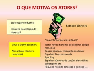O QUE MOTIVA OS ATORES?

Espionagem Industrial
                                              Sempre dinheiro
Indústria da violação de
copyright

                           “Somente porque eles estão lá”
Vírus e worm designers     Testar novas maneiras de espalhar código
                           malicioso
Non-ethical Hackers        Causar perda ou corrupção de dados
(crackers)                 Espalhar ID ou passwords
                           Spoofing
                           Espalhar números de cartões de créditos
                           Sabotagem, etc
                           Pequeno risco de detecção e punição 28/54
 