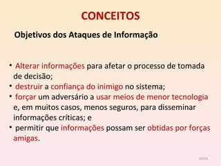 CONCEITOS Objetivos dos Ataques de Informação Alterar informações  para afetar o processo de tomada de decisão; destruir  a  confiança do inimigo  no sistema; forçar  um adversário a  usar meios de menor tecnologia  e, em muitos casos, menos seguros, para disseminar informações críticas; e permitir que  informações  possam ser  obtidas por forças amigas . /54 