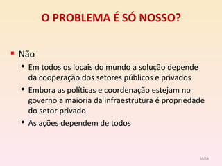 O PROBLEMA É SÓ NOSSO? Não Em todos os locais do mundo a solução depende da cooperação dos setores públicos e privados Embora as políticas e coordenação estejam no governo a maioria da infraestrutura é propriedade do setor privado As ações dependem de todos /54 