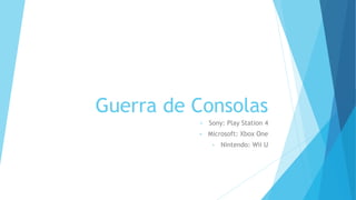 Guerra de Consolas
• Sony: Play Station 4
• Microsoft: Xbox One
• Nintendo: Wii U
 