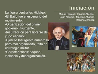 La figura central es Hidalgo.     Miguel Hidalgo, Ignacio Allende,
•El Bajío fue el escenario del     Juan Aldama, Mariano Abasolo
movimiento.                                      Mariano Jiménez
•Organización del primer
gobierno insurgente.
•Insurrección para librarse del
yugo español.
•Ejercito Insurgente numeroso
pero mal organizado, falta de
estrategia militar.
•Características: saqueo,
violencia y desorganización.
 