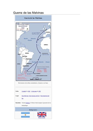 Guerra de las Malvinas
Guerra de las Malvinas
Movimientos de las flotas contendientes y distancia a sus bases.
Fecha 2 de abril de 1982 – 14 de junio de 1982
Lugar Islas Malvinas, Islas Georgias del Sur e Islas Sandwich del
Sur
Resultado Victoria británica. El Reino Unido recupera la posesión de los
archipiélagos.
Beligerantes
Reino Unido
 