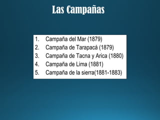Las Campañas
1. Campaña del Mar (1879)
2. Campaña de Tarapacá (1879)
3. Campaña de Tacna y Arica (1880)
4. Campaña de Lima (1881)
5. Campaña de la sierra(1881-1883)
 