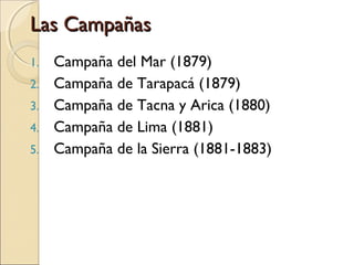 Las Campañas
1.
2.
3.
4.
5.

Campaña del Mar (1879)
Campaña de Tarapacá (1879)
Campaña de Tacna y Arica (1880)
Campaña de Lima (1881)
Campaña de la Sierra (1881-1883)

 
