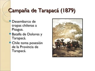 Campaña de Tarapacá (1879)
Desembarco

de
tropas chilenas a
Pisagua.
Batalla de Dolores y
Tarapacá.
Chile toma posesión
de la Provincia de
Tarapacá.

 