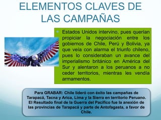 ELEMENTOS CLAVES DE
LAS CAMPAÑAS
 Estados Unidos intervino, pues querían
propiciar la negociación entre los
gobiernos de Chile, Perú y Bolivia, ya
que veía con alarma el triunfo chileno,
pues lo consideraban un avance del
imperialismo británico en América del
Sur y alentaron a los peruanos a no
ceder territorios, mientras les vendía
armamentos.
Para GRABAR: Chile lideró con éxito las campañas de
Tarapacá, Tacna y Arica, Lima y la Sierra en territorio Peruano.
El Resultado final de la Guerra del Pacífico fue la anexión de
las provincias de Tarapacá y parte de Antofagasta, a favor de
Chile.
 