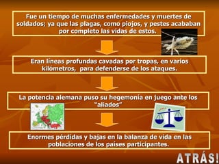 Fue un tiempo de muchas enfermedades y muertes de soldados; ya que las plagas, como piojos, y pestes acababan por completo las vidas de estos.  Eran líneas profundas cavadas por tropas, en varios kilómetros,  para defenderse de los ataques. La potencia alemana puso su hegemonía en juego ante los “aliados” Enormes pérdidas y bajas en la balanza de vida en las poblaciones de los países participantes.  ATRÁS! 
