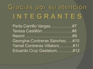 Perla Carrillo Vargas…………….#7
Teresa Castillón………………….#8
Naomi …………………………….#9
Georgina Contreras Sánchez…..#10
Yamel Contreras Villatoro……….#11
Eduardo Cruz Gastelum………...#12

 