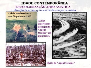 IDADE CONTEMPORÂNEA
DESCOLONIZAÇÃO AFRO-ASIÁTICA
Utilização de armas químicas de destruição de massa.
Aldeia bombardeada
com Napalm em 1965.
Aviões
americanos
despejando o
“Agent
Orange” em
plantações.
Efeito do “Agent Orange”
 
