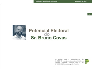 8
De acordo com a Resolução-TSE n.º
23.600/2019, essa pesquisa está registrada no
Tribunal Superior Eleitoral sob o n.º
SP-05951/2020 para o cargo de Prefeito.
Pesquisa - Município de São Paulo Novembro de 2020
Potencial Eleitoral
do
Sr. Bruno Covas
 