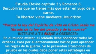 Estudia Efesios capítulo 2 y Romanos 8.
Descubrirás que no tienes más que estar en yugo de la
carne.
Tu libertad viene mediante Jesucristo:
“Porque la ley del Espíritu de vida en Cristo Jesús me
librado de la ley del pecado y de la muerte”
8:2).INSTRUYE A TU CARNE A OBEDECER:
En el mundo militar, el soldado debe obedecer todas las
órdenes. Pasa por el entrenamiento básico para aprender
las reglas de la guerra. Se le presentan situaciones de
prueba en las cuales debe poner estas estrategias en
 