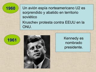 1960 Un avión espía norteamericano U2 es
sorprendido y abatido en territorio
soviético
Kruschev protesta contra EEUU en la
ONU.
1961 Kennedy es
nombrado
presidente.
 