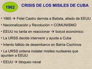 CRISIS DE LOS MISILES DE CUBA1962
• 1960  Fidel Castro derrota a Batista, aliado de EEUU
• Nacionalización y Revolución = COMUNISMO
• EEUU no tarda en reaccionar  boicot económico
• La URSS decide intervenir y ayuda a Cuba
• Intento fallido de desembarco en Bahía Cochinos
• La URSS ordena instalar misiles nucleares que
apunten a EEUU
• EEUU  bloqueo naval
 