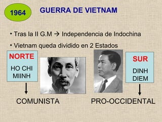 GUERRA DE VIETNAM1964
• Tras la II G.M  Independencia de Indochina
• Vietnam queda dividido en 2 Estados
NORTE
HO CHI
MIINH
SUR
DINH
DIEM
COMUNISTA PRO-OCCIDENTAL
 