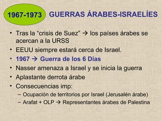 • Tras la “crisis de Suez”  los países árabes se
acercan a la URSS
• EEUU siempre estará cerca de Israel.
• 1967  Guerra de los 6 Días
• Nasser amenaza a Israel y se inicia la guerra
• Aplastante derrota árabe
• Consecuencias imp:
– Ocupación de territorios por Israel (Jerusalén árabe)
– Arafat + OLP  Representantes árabes de Palestina
1967-1973 GUERRAS ÁRABES-ISRAELÍES
 