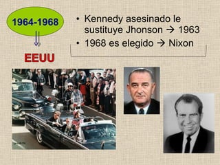Kennedy asesinado le sustituye Jhonson    1963 1968 es elegido    Nixon 1964-1968 