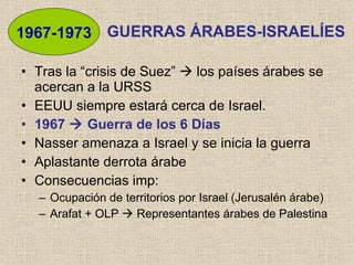 Tras la “crisis de Suez”    los países árabes se acercan a la URSS EEUU siempre estará cerca de Israel. 1967    Guerra de los 6 Días Nasser amenaza a Israel y se inicia la guerra Aplastante derrota árabe  Consecuencias imp:  Ocupación de territorios por Israel (Jerusalén árabe) Arafat + OLP    Representantes árabes de Palestina 1967-1973 GUERRAS ÁRABES-ISRAELÍES 