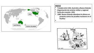 ANZUS
§ Tratado entre USA, Australia y Nueva Zelanda
§ Organización de carácter militar y regional
§ Fecha de creación: 1951
§ 1985: Nueva Zelanda abandona la alianza en
protesta contra las pruebas nucleares en el
Pacífico
§
AUSTRALIA
USA
NUEVA ZELANDA
 
