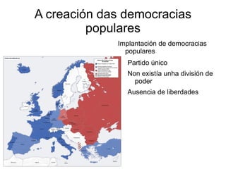 A creación das democracias
         populares
             Implantación de democracias
               populares
               Partido único
               Non existía unha división de
                 poder
               Ausencia de liberdades
 