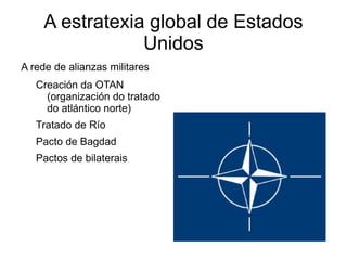 A estratexia global de Estados
                Unidos
A rede de alianzas militares
   Creación da OTAN
     (organización do tratado
     do atlántico norte)
   Tratado de Río
   Pacto de Bagdad
   Pactos de bilaterais
 