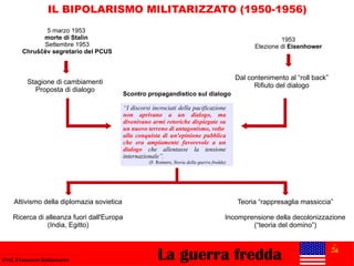 La guerra freddaProf. Francesco Baldassarre
IL BIPOLARISMO MILITARIZZATO (1950-1956)
5 marzo 1953
morte di Stalin
Settembre 1953
Chruščëv segretario del PCUS
1953
Elezione di Eisenhower
“I discorsi incrociati della pacificazione
non aprivano a un dialogo, ma
divenivano armi retoriche dispiegate su
un nuovo terreno di antagonismo, volto
alla conquista di un'opinione pubblica
che era ampiamente favorevole a un
dialogo che allentasse la tensione
internazionale”.
(F. Romero, Storia della guerra fredda)
Scontro propagandistico sul dialogo
Stagione di cambiamenti
Proposta di dialogo
Dal contenimento al “roll back”
Rifiuto del dialogo
Attivismo della diplomazia sovietica
Ricerca di alleanza fuori dall'Europa
(India, Egitto)
Teoria “rappresaglia massiccia”
Incomprensione della decolonizzazione
(“teoria del domino”)
 