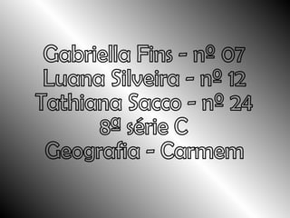Gabriella Fins - nº 07 Luana Silveira - nº 12 Tathiana Sacco - nº 24 8ª série C Geografia - Carmem 