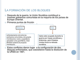 La formación de los bloquesDespués de la guerra, la Unión Soviética contribuyó a imponer gobiernos comunistas en la mayoría de los países de Europa Oriental. Primeros puntos de fricciónEstos conflictos dieron lugar  a la configuración de dos bloques enfrentados, que coexistieron hasta la disolución de la URSS en 1991.GreciaIránenfrentamiento civil entre los partisanos comunistas y los grupos monárquicos; rusos y yugoslavos apoyaban a los guerrilleros, Gran Bretaña sostenía el proyecto monárquico.había sido ocupado durante la guerra por tropas soviéticas y británicas, pero Estados Unidos forzó la retirada soviética.