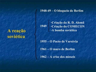 A reação soviética   1948-49 – O bloqueio de Berlim 1949  1955 – O Pacto de Varsóvia 1961 – O muro de Berlim 1962 – A crise dos mísseis Criação da R. D. Alemã Criação do COMECON A bomba soviética 