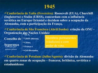 EUA, URSS (Rússia), China, França e Grã-Bretanha. Membros permanentes (vitalícios) e com poder de veto.  1945 Conferência de Yalta (Fevereiro) :  Roosevelt (EUA), Churchill (Inglaterra) e Stalin (URSS), concordam com a influência soviética na Europa Oriental e decidem sobre a ocupação da Alemanha, com a participação da França. Conferência de São Francisco (Abril/Junho) :  criação da ONU - Organização das Nações Unidas: Conselho de  Segurança  Conferência de Potsdam (Julho/Agosto):  divisão da Alemanha em quatro zonas de ocupação – francesa, britânica, soviética e estadunidense Formado por quinze países 