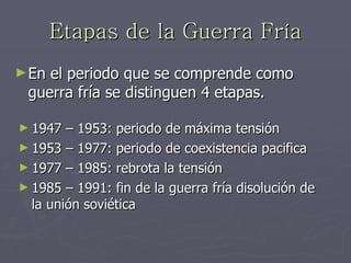 Etapas de la Guerra Fría En el periodo que se comprende como guerra fría se distinguen 4 etapas. 1947 – 1953: periodo de máxima tensión 1953 – 1977: periodo de coexistencia pacifica 1977 – 1985: rebrota la tensión 1985 – 1991: fin de la guerra fría disolución de la unión soviética  