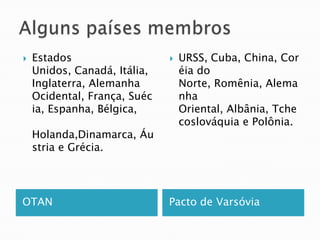    Estados                      URSS, Cuba, China, Cor
    Unidos, Canadá, Itália,       éia do
    Inglaterra, Alemanha          Norte, Romênia, Alema
    Ocidental, França, Suéc       nha
    ia, Espanha, Bélgica,         Oriental, Albânia, Tche
                                  coslováquia e Polônia.
    Holanda,Dinamarca, Áu
    stria e Grécia.




OTAN                          Pacto de Varsóvia
 