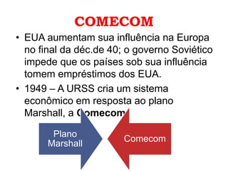 COMECOM
• EUA aumentam sua influência na Europa
no final da déc.de 40; o governo Soviético
impede que os países sob sua influência
tomem empréstimos dos EUA.
• 1949 – A URSS cria um sistema
econômico em resposta ao plano
Marshall, a Comecom
Plano
Marshall
Comecom
 