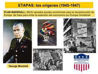 ETAPAS: los orígenes (1945-1947)
PLAN MARSHALL: EEUU aprueba ayudas económicas para la reconstrucción de
Europa. Se hace para evitar la extensión del comunismo por Europa Occidental
George Marshall
 