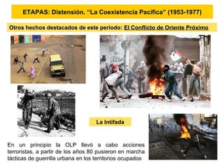 ETAPAS: Distensión. “La Coexistencia Pacífica” (1953-1977)
Otros hechos destacados de este periodo: El Conflicto de Oriente Próximo
En un principio la OLP llevó a cabo acciones
terroristas, a partir de los años 80 pusieron en marcha
tácticas de guerrilla urbana en los territorios ocupados
La Intifada
 
