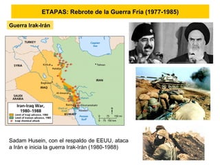 ETAPAS: Rebrote de la Guerra Fría (1977-1985)
Guerra Irak-Irán
Sadam Husein, con el respaldo de EEUU, ataca
a Irán e inicia la guerra Irak-Irán (1980-1988)
 