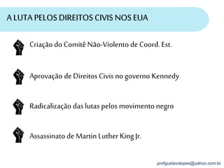 profgustavolopes@yahoo.com.br
A LUTA PELOSDIREITOS CIVIS NOSEUA
Criação do ComitêNão-Violento de Coord. Est.
Aprovação de DireitosCivis nogoverno Kennedy
Radicalização das lutas pelos movimentonegro
Assassinato de Martin LutherKingJr.
 