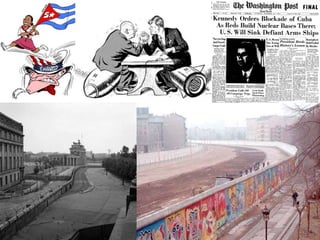 GUERRA FRIA – DÉCADA DE 60
- Muro de Berlim (1961): construído pela
Alemanha Oriental, separou e cercou Berlim
ocidental (impedir o livre-trânsito da população
e evasão do regime socialista diante do
crescimento econômico-industrial da RFA).
- Invasão da Baía dos Porcos – Playa Girón
(1961): ação militar frustrada do antigo exército
cubano, estruturada pelos EUA, para retomar o
poder na ilha. Em retaliação à derrota, Kennedy
inicia em 1962 o embargo comercial a Cuba.
- Crise dos Mísseis Cubanos (1962): tensão
nuclear devido alinhamento cubano à URSS,
que iniciou a construção de bases de
lançamento de mísseis nucleares na ilha.
 