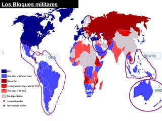 OEA SEATO
CENTO
ANZUCada bloque defendió su zona de influencia
frente al expansionismo del contrario.
Nacieron así las organizaciones militares
que “legitimaban” la intervención militar en
terceros países, en aras de la defensa de la
libertad y la democracia
Los Bloques militares
 