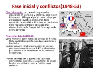 Fase inicial y conflictos(1948-53)
Checoslovaquia Los comunistas ganan las
elecciones en Bohemia y Moravia, pero no en
Eslovaquia. Al llegar al poder y con el apoyo
del ejército soviético, eliminaron toda
oposición democrática. El entonces presidente
de la república dimitió y el estado más
desarrollado de la Europa del Este cayó en la
órbita soviética
Primera crisis de Berlín(1948-49)
Como Alemania, Berlín había sido dividido en 4 zonas.
Stalin decidió bloquear la ciudad para presionar a
los aliados.
Norteamericanos e ingleses respondieron con dos
puentes aéreos militares de 1.400 vuelos diarios
para atender a las necesidades de los berlineses
occidentales.
Truman amenazó con la guerra si los soviéticos
interceptaban los aviones. Los ejércitos de ambos
bandos se movilizaron pero al final los rusos
cedieron.
 