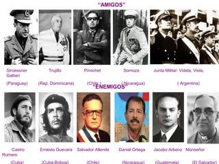 “AMIGOS”
Stroessner Trujillo Pinochet Somoza Junta Militar: Videla, Viola,
Galtieri
(Paraguay) (Rep. Dominicana) (Chile ) ( Nicaragua) ( Argentina)
“ENEMIGOS”
Castro Ernesto Guevara Salvador Allende Daniel Ortega Jacobo Arbenz Monseñor
Romero
(Cuba) (Cuba-Bolivia) (Chile) (Nicaragua) (Guatemala) (El Salvador)
 