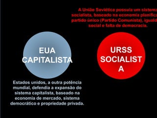 EUA
CAPITALISTA
URSS
SOCIALIST
A
A União Soviética possuía um sistema
socialista, baseado na economia planifica
partido único (Partido Comunista), iguald
social e falta de democracia.
Estados unidos, a outra potência
mundial, defendia a expansão do
sistema capitalista, baseado na
economia de mercado, sistema
democrático e propriedade privada.
 