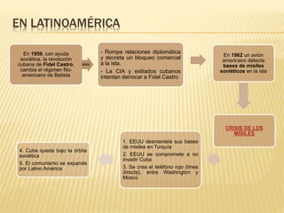 EN LATINOAMÉRICA
En 1959, con ayuda
soviética, la revolución
cubana de Fidel Castro,
cambia el régimen filo-
americano de Batista
EEUU
- Rompe relaciones diplomática
y decreta un bloqueo comercial
a la isla.
- La CIA y exiliados cubanos
intentan derrocar a Fidel Castro
En 1962 un avión
americano detecta
bases de misiles
soviéticos en la isla
CRISIS DE LOS
MISILES
1. EEUU desmantela sus bases
de misiles en Turquía
2. EEUU se compromete a no
invadir Cuba
3. Se crea el teléfono rojo (línea
directa), entre Washington y
Moscú
4. Cuba queda bajo la órbita
soviética
5. El comunismo se expande
por Latino América
 