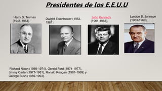 Lyndon B. Johnson
(1963-1969),
Presidentes de los E.E.U.U
Harry S. Truman
(1945-1953)
Dwight Eisenhawer (1953-
1961)
John Kennedy
(1961-1963),
Richard Nixon (1969-1974), Gerald Ford (1974-1977),
Jimmy Carter (1977-1981), Ronald Reagan (1981-1989) y
George Bush (1989-1993).
 