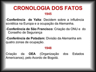 1945
-Conferência de Yalta: Decidem sobre a influência
soviética na Europa e a ocupação da Alemanha.
-Conferência de São Francisco: Criação da ONU e do
Conselho de Segurança
-Conferência de Potsdam: Divisão da Alemanha em
quatro zonas de ocupação.
1948
Criação da OEA (Organização dos Estados
Americanos), pelo Acordo de Bogotá.
CRONOLOGIA DOS FATOS
 